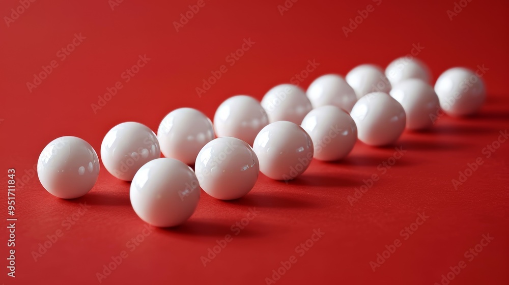 White glossy spheres on a bright red background, evoking a sense of minimalism and modern design. White glossy spheres on a bright red background, evoking a sense of minimalism and modern design.