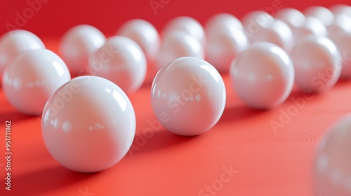 White glossy spheres on a bright red background, evoking a sense of minimalism and modern design.