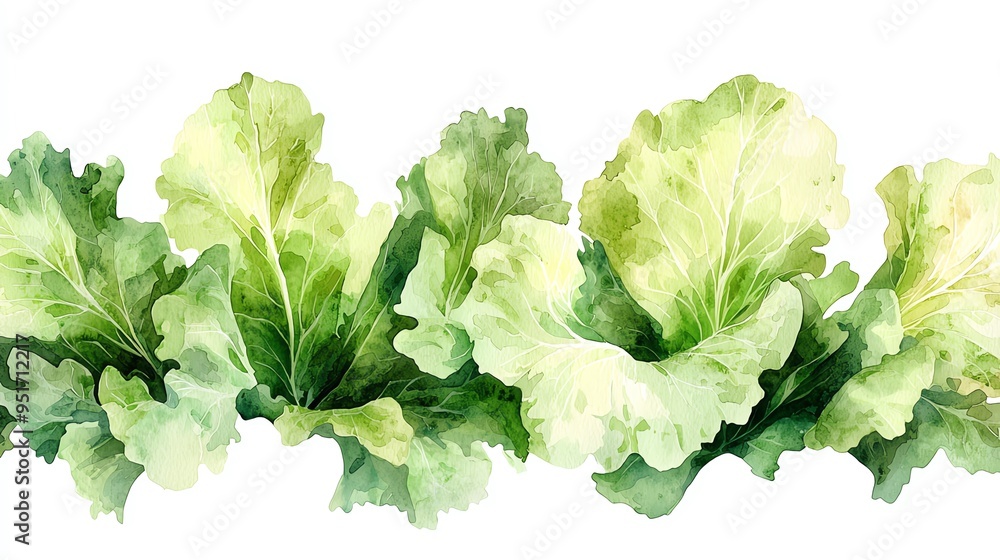 Vibrant watercolor illustration of fresh green lettuce leaves on a white background, perfect for culinary or health-themed designs. Vibrant watercolor illustration of fresh green lettuce leaves on a white background, perfect for culinary or health-themed designs.