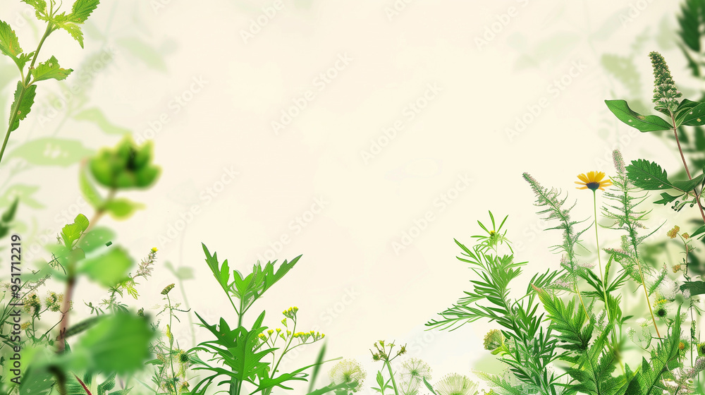 Obraz premium A summer background with space for text. Frame with wild grasses, blur effect, field with plants