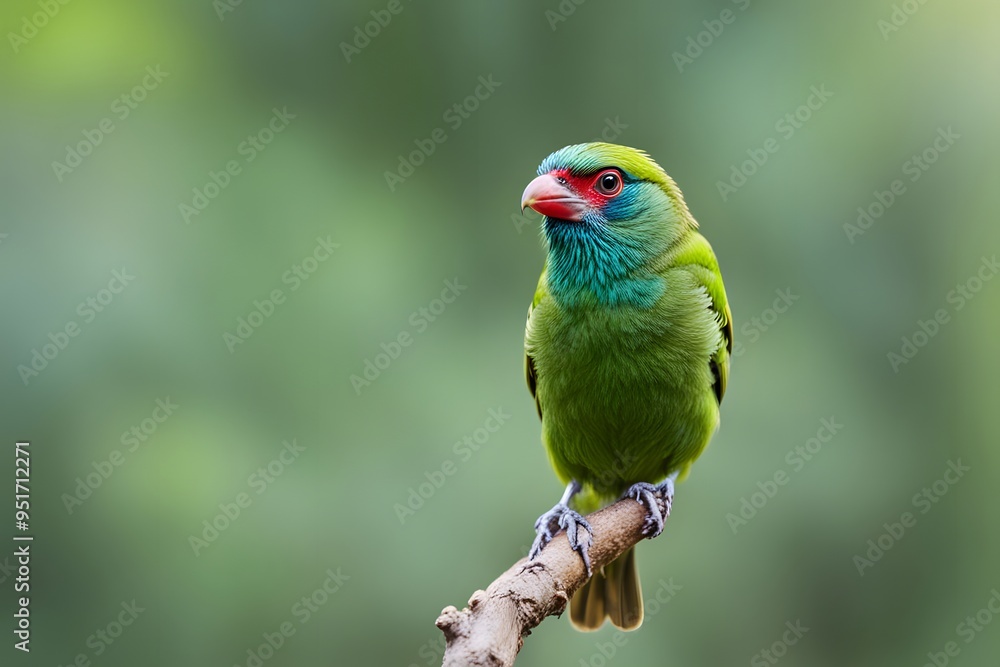 Green barbet bird blurry nature background, Ai Generated Green barbet bird blurry nature background, Ai Generated