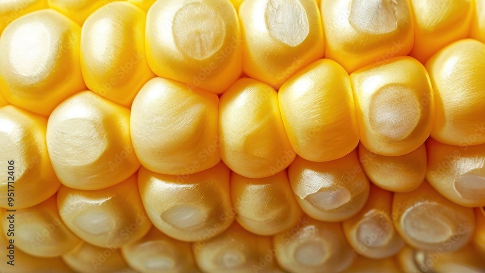 Close-up macro shot of golden yellow corn kernels, revealing the intricate texture and pattern of the cob.