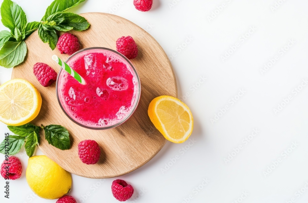 Raspberry Lemon Smoothie on Wooden Board Raspberry Lemon Smoothie on Wooden Board