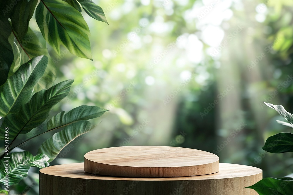 3d Wooden product display podium with blurred nature leaves background. 3d empty wood pedestal display podium mockup with nature leaves and natural leaf shadow. 3D render. generative ai 3d Wooden product display podium with blurred nature leaves background. 3d empty wood pedestal display podium mockup with nature leaves and natural leaf shadow. 3D render. generative ai