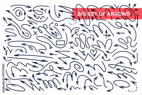 Big set of group arrows and frames, various directions. Symbols for hand drawn diagrams. Freehand different curved black arrows, check marks, swirls, crosses for business. Vector doodle marker drawing