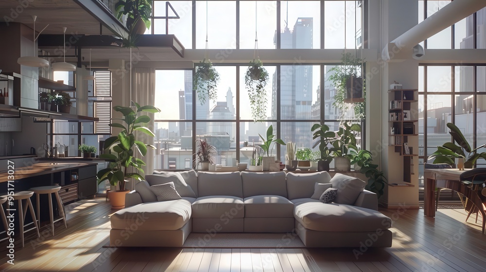 scandinavianinspired loft with floortoceiling windows minimalist grey sofa hanging plants natural light flooding warm wood floors scandinavianinspired loft with floortoceiling windows minimalist grey sofa hanging plants natural light flooding warm wood floors