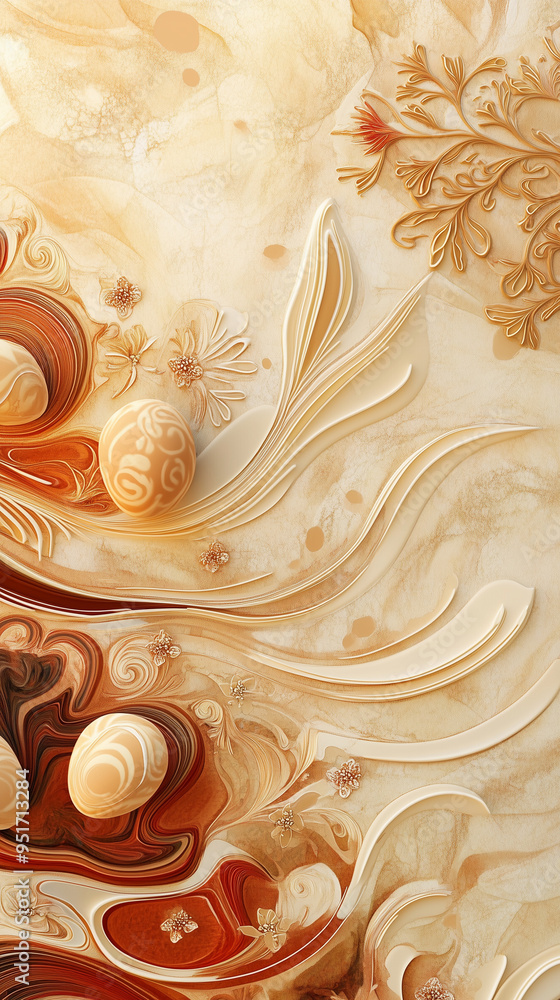 Abstract Beige and Orange Marbled Background with Easter Eggs, Fluid Art Style Abstract Beige and Orange Marbled Background with Easter Eggs, Fluid Art Style