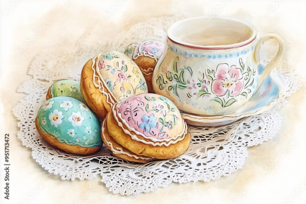 Floral Easter Macarons with Decorative Teacup on Lace Doily, Watercolor Art