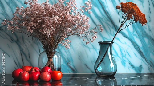 A stylish arrangement of dried flowers in glass vases against a marble wall, with a row of ripe red apples