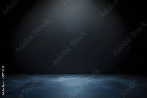 Empty gradient black backdrop wallpaper studio floor template of abstract light dark background space or blank illustration room and spotlight product display stage on presentation ground platform.