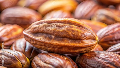 Close up of a wrinkled jojoba seed against a soft blurred background, showcasing its unique texture and shape