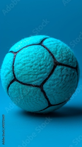 A turquoise ball with black lines and a fuzzy surface on a blue background. The woolly texture resembles a tennis bal