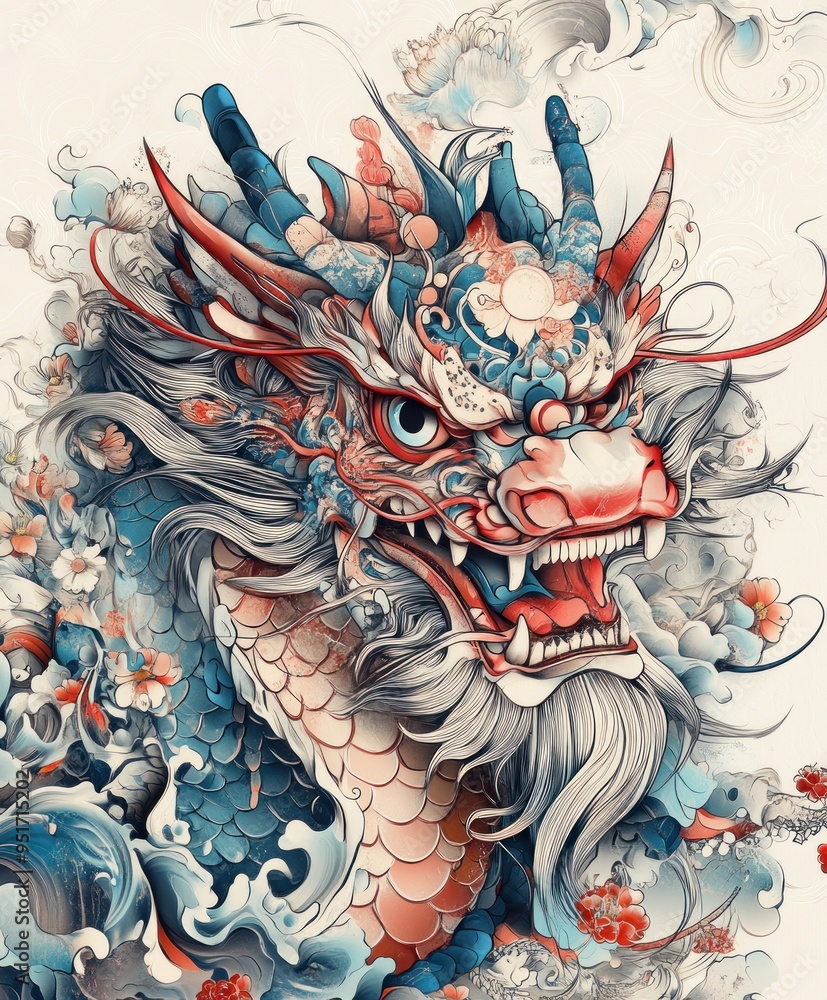 Fototapeta premium A vibrant, stylized dragon with intricate details and swirling clouds.