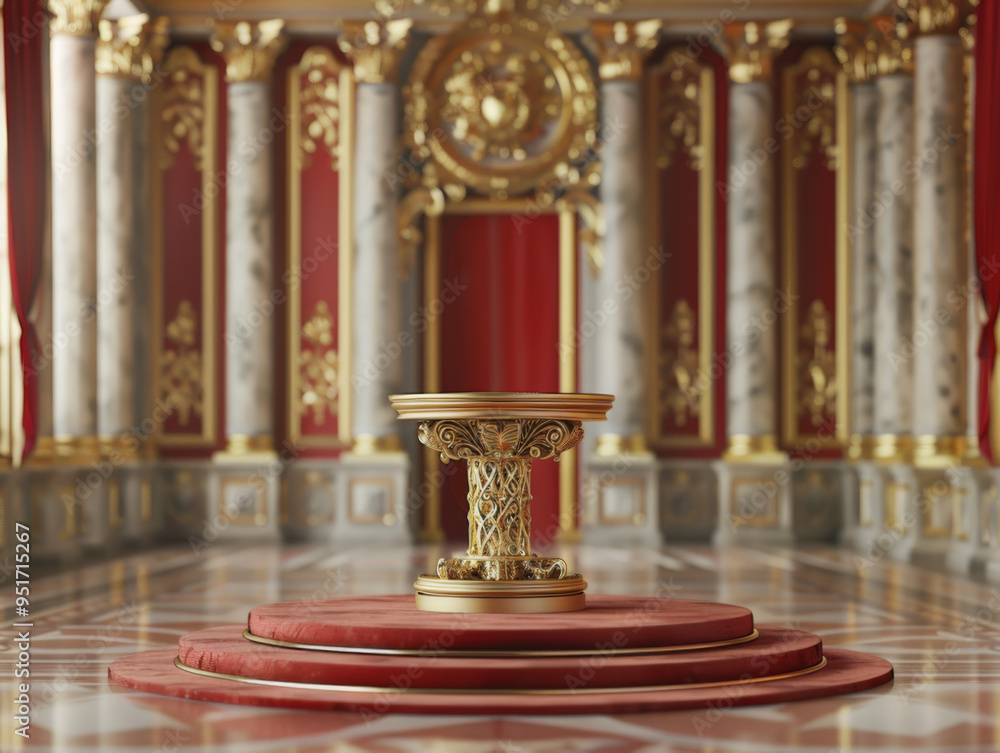 Elegant Velvet Podium, front view focus, with a Royal Palace Ballroom Background Elegant Velvet Podium, front view focus, with a Royal Palace Ballroom Background