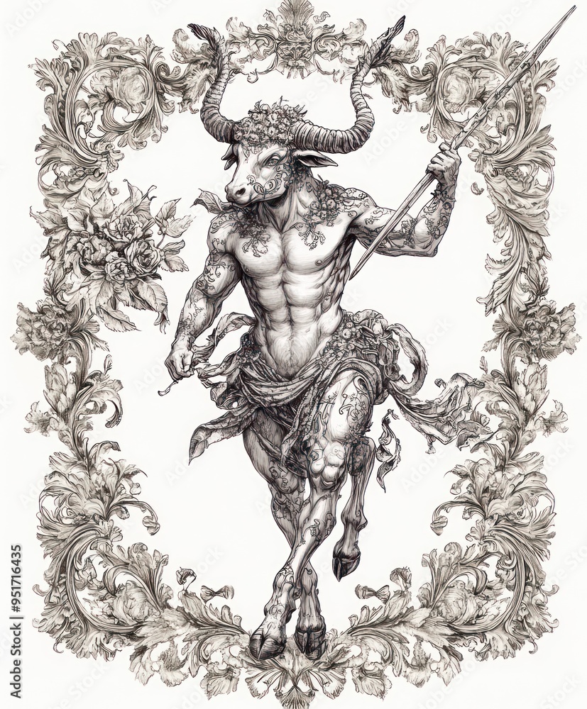 A muscular figure with a bull's head, holding a spear, surrounded by ornate floral designs. A muscular figure with a bull's head, holding a spear, surrounded by ornate floral designs.