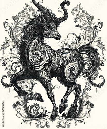 A stylized unicorn adorned with intricate floral patterns.