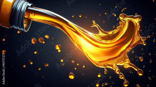 Vector poster featuring a motor oil bottle with splash and drops. Includes synthetic or mineral oil for car engine service, with a 3D wave splash of oil flow, suitable for diesel or gasoline engines. photo