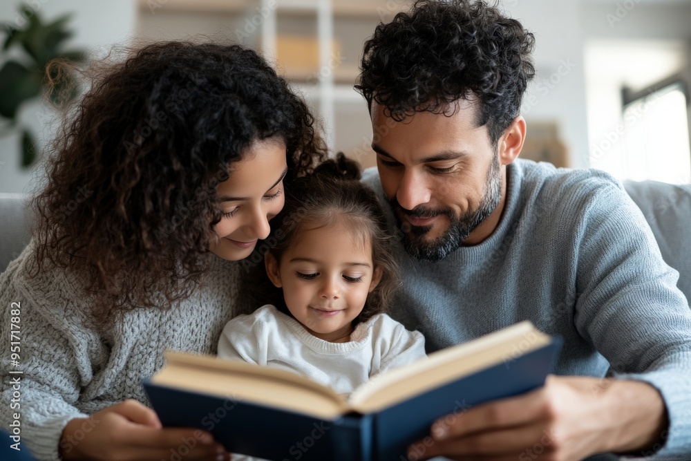 A loving family of three reads a book together, with both parents and child enjoying quality time in their cozy living room, fostering connection and love. A loving family of three reads a book together, with both parents and child enjoying quality time in their cozy living room, fostering connection and love.