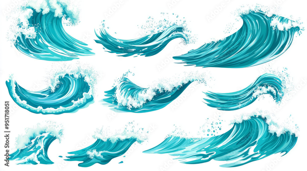 Set of ocean or sea waves, surf, and splashes curling and breaking in a vibrant turquoise blue. Vector illustration for marine and nautical-themed concepts, against a white background. Set of ocean or sea waves, surf, and splashes curling and breaking in a vibrant turquoise blue. Vector illustration for marine and nautical-themed concepts, against a white background.
