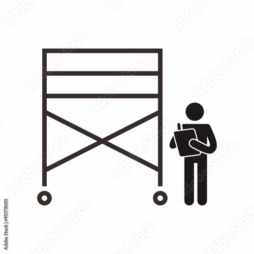 Stick figure of a man conduct safety inspection for moveable scaffolding. Black and white vector illustration.