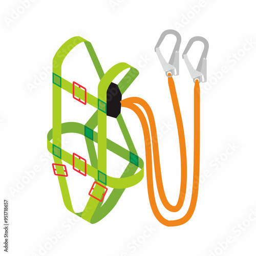 Isometric full body harness of personal protective equipment for working at height. Safety gear standard to avoid falling. Lanyard, hook, strap, support and connection.