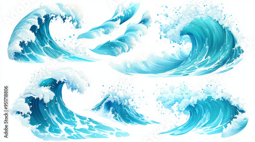 Set of ocean or sea waves, surf, and splashes curling and breaking in a vibrant turquoise blue. Vector illustration for marine and nautical-themed concepts, against a white background.