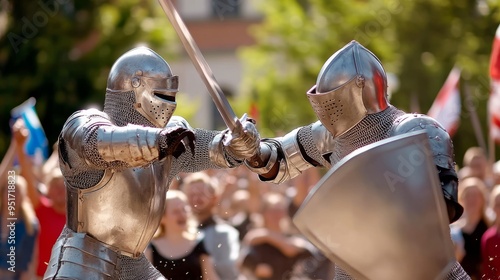 A Dynamic Scene of Two Armored Knights Engaged in a Buhurt Duel with Metal Armor Glinting in the Sunlight photo