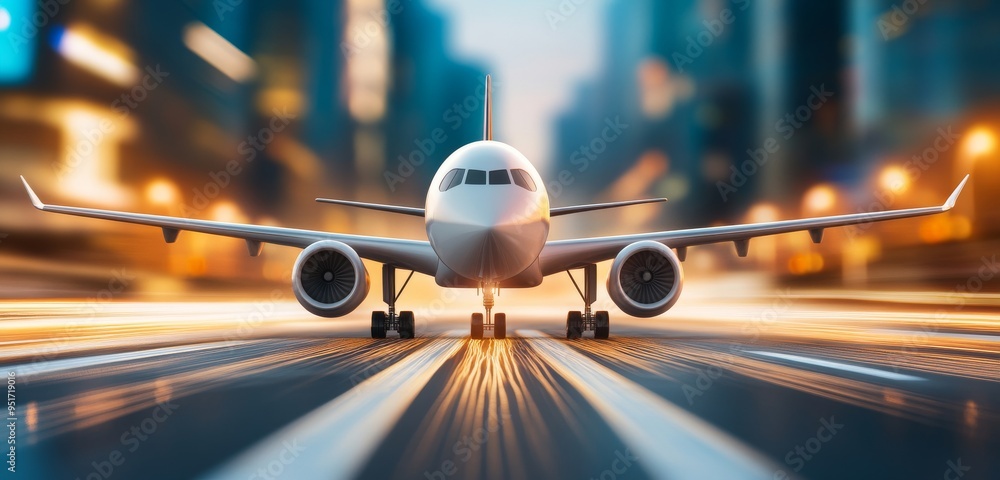 Fototapeta premium A Fast Airplane with a Blurred Cityscape Background and Speed Motion Effect