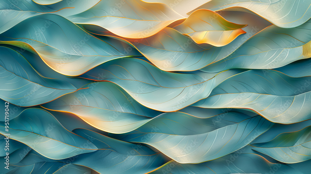 Turquoise and gold leaves forming an elegant wavy pattern background Turquoise and gold leaves forming an elegant wavy pattern background