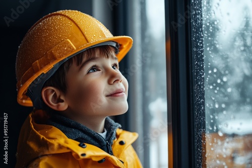 Young child in a bright yellow raincoat and hard hat stares intently out of a window on a rainy day, evoking curiosity and a sense of wonder about the world beyond. photo