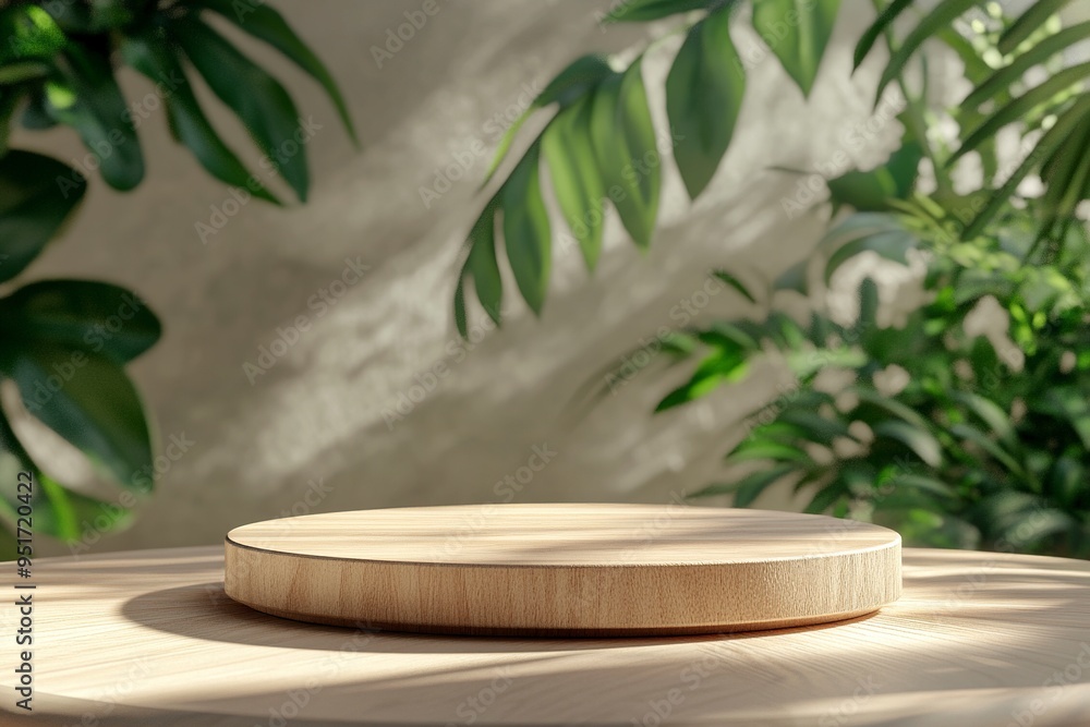 3d Wooden product display podium with blurred nature leaves background. 3d empty wood pedestal display podium mockup with nature leaves and natural leaf shadow. 3D render. generative ai 3d Wooden product display podium with blurred nature leaves background. 3d empty wood pedestal display podium mockup with nature leaves and natural leaf shadow. 3D render. generative ai