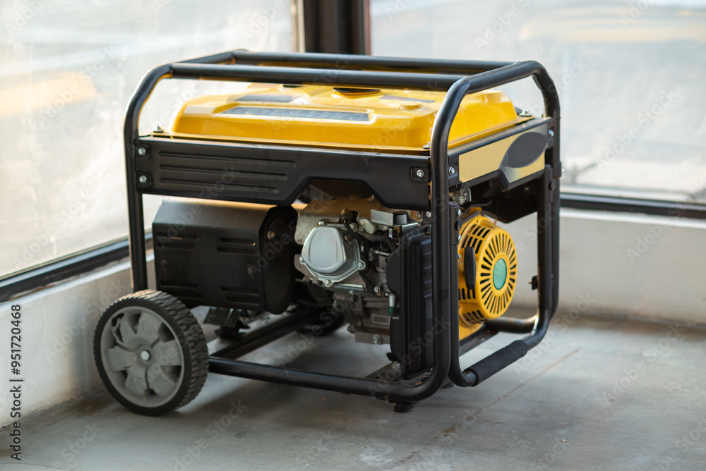 Fototapeta premium Portable electric generator running in the cold winter.Energy genocide. Small business use gasoline generators