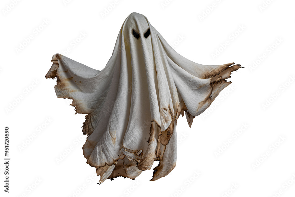 Naklejka premium Floating scary white fabric ghosts for Halloween parties to celebrate the night holiday. Creepy ghost character. Can be used in screen mode for a transparent effect.