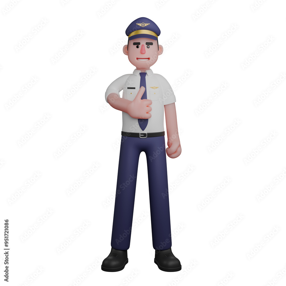 Male Pilot in Aviation Setting. A pilot is standing with his right hand sticking out his thumb in front of his chest. 3D Character Male Pilot in Aviation Setting. A pilot is standing with his right hand sticking out his thumb in front of his chest. 3D Character