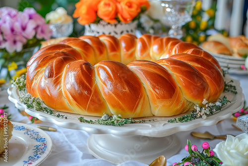 Round loaf of challah bread on a festive table for rosh hashanah dinner photo