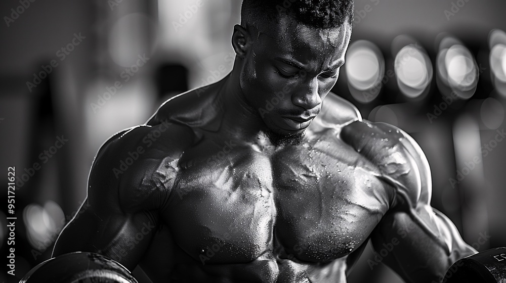 A muscular man lifting a dumbbell in a gym, showcasing his strength and focus. The image is in black and white, highlighting the contours of his physique and the intensity of his workout. A muscular man lifting a dumbbell in a gym, showcasing his strength and focus. The image is in black and white, highlighting the contours of his physique and the intensity of his workout.