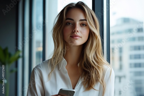 A professional young woman with long blonde hair stands holding a smartphone in a modern office setting, ready to engage with work or communication in a sleek environment. photo