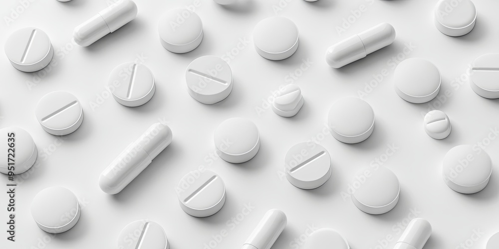 White pills and capsules scattered on a white background, with a minimalist style. White pills and capsules scattered on a white background, with a minimalist style.