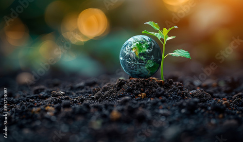 Small plant grows from soil with a globe symbolizing sustainability. A green plant emerges from rich soil, with the Earth in miniature above photo