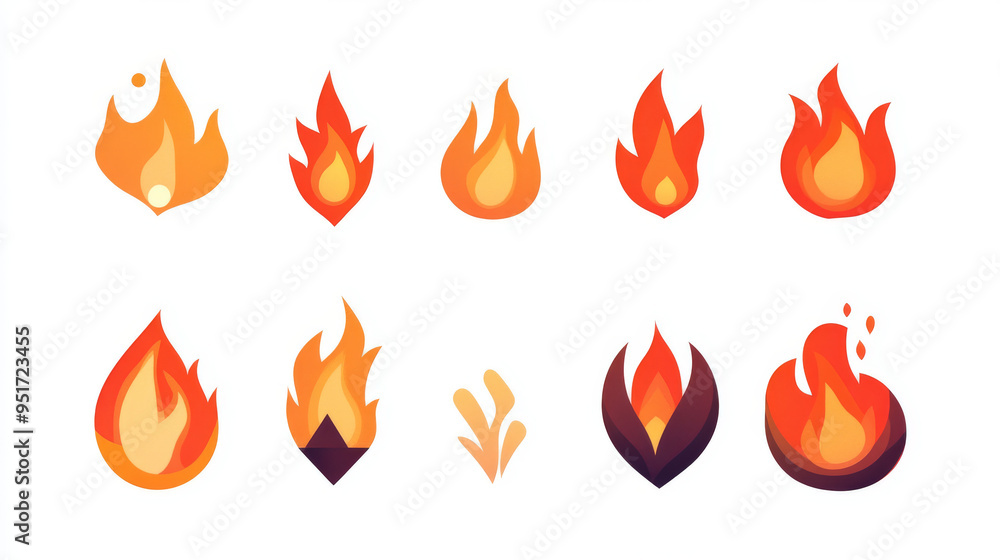 Set of red fire flat icons and pictograms, isolated on a white background, ideal for danger concepts or logo design. Set of red fire flat icons and pictograms, isolated on a white background, ideal for danger concepts or logo design.