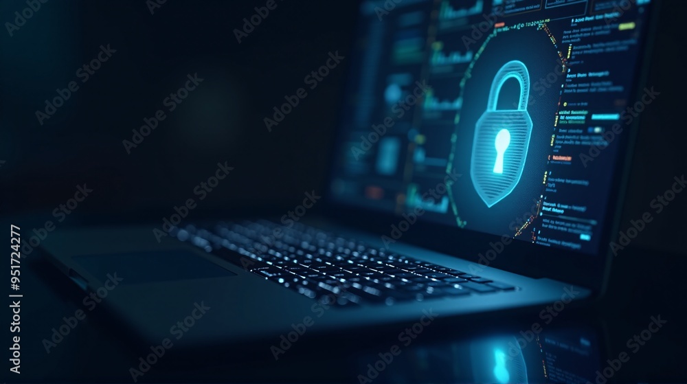 A laptop screen showing a digital lock icon representing cybersecurity A laptop screen showing a digital lock icon representing cybersecurity