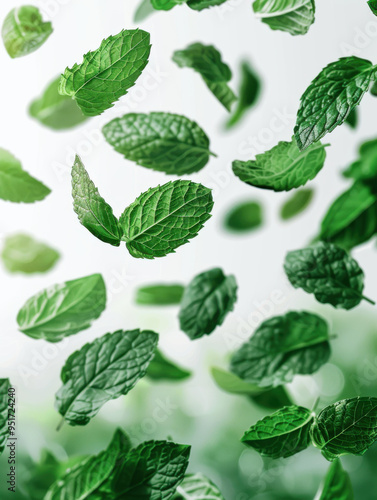 Falling juicy Mint leaves with green leaves isolated on transparent background.