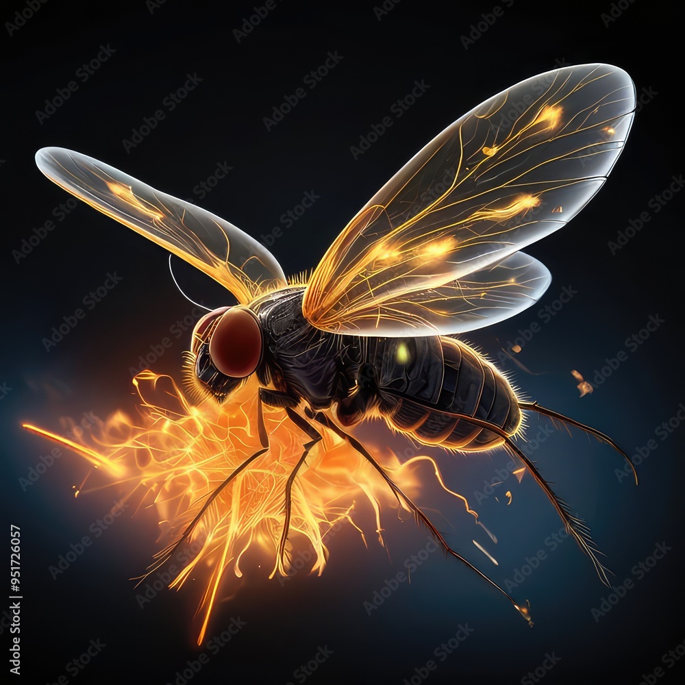 © Illustrations - A fiery Black Assassin Bug with outstretched wings, made of dancing flames, flying through a black void, with sparks trailing behind it. © Illustrations - A fiery Black Assassin Bug with outstretched wings, made of dancing flames, flying through a black void, with sparks trailing behind it.