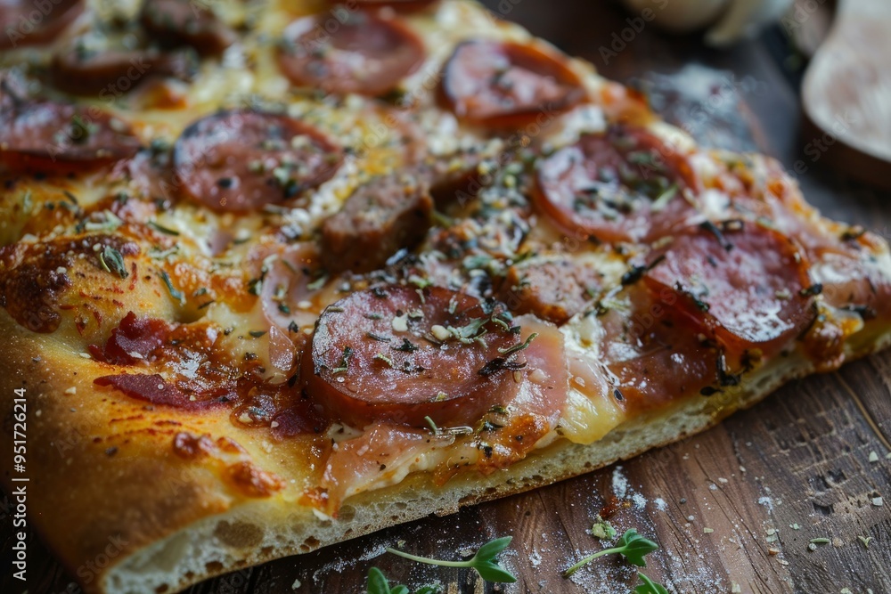 Mouthwatering square pizza with melted cheese and herbs lying on rustic wooden table Mouthwatering square pizza with melted cheese and herbs lying on rustic wooden table