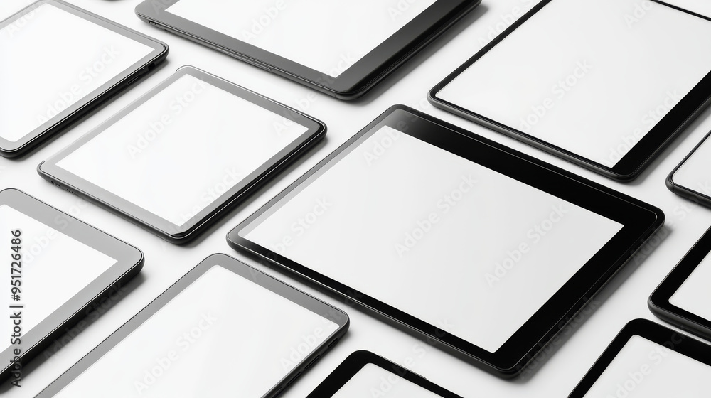 A set of black and white tablet computers, isolated against a white background. A set of black and white tablet computers, isolated against a white background.