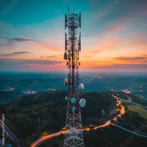 Tower at sunset.  Mobile phone communication antenna tower. Network  photo