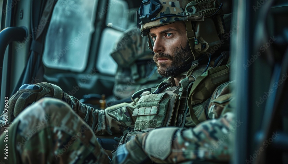 Military Soldier in Gear Sitting in Vehicle, Determined Look, Anti-Terrorism Concept Military Soldier in Gear Sitting in Vehicle, Determined Look, Anti-Terrorism Concept