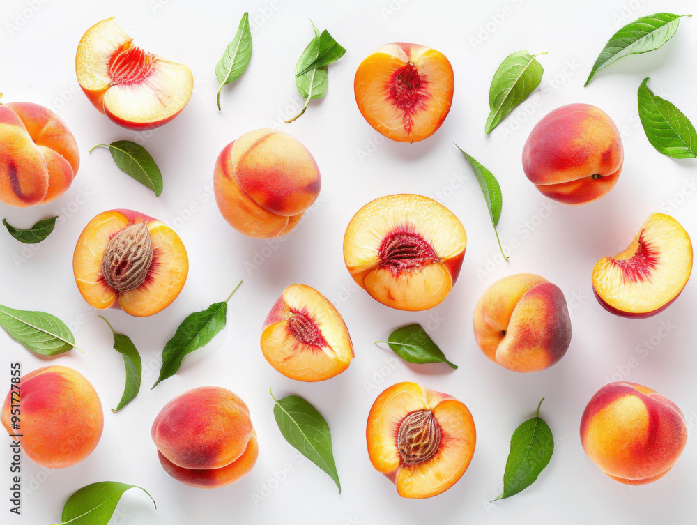 Various falling fresh ripe peach on light white background, horizontal composition Various falling fresh ripe peach on light white background, horizontal composition