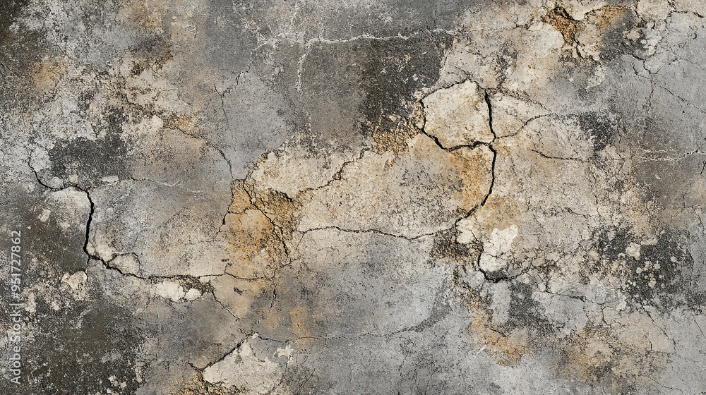 Naklejka premium Rough concrete wall texture background with cracks and imperfections, presenting a raw and industrial style suitable for architecture and urban design projects.