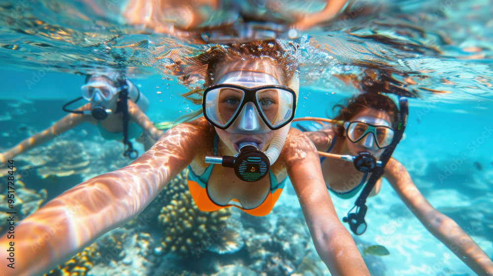 Fototapeta premium Family scuba diving in crystal clear tropical waters, exploring vibrant coral reefs and marine life, with colorful fish swimming around